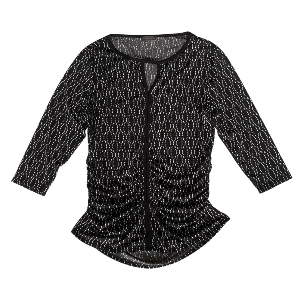 Vince Camuto Black & White Keyhole Blouse Oval Design Ruching on Side 3/4 Slv Lg